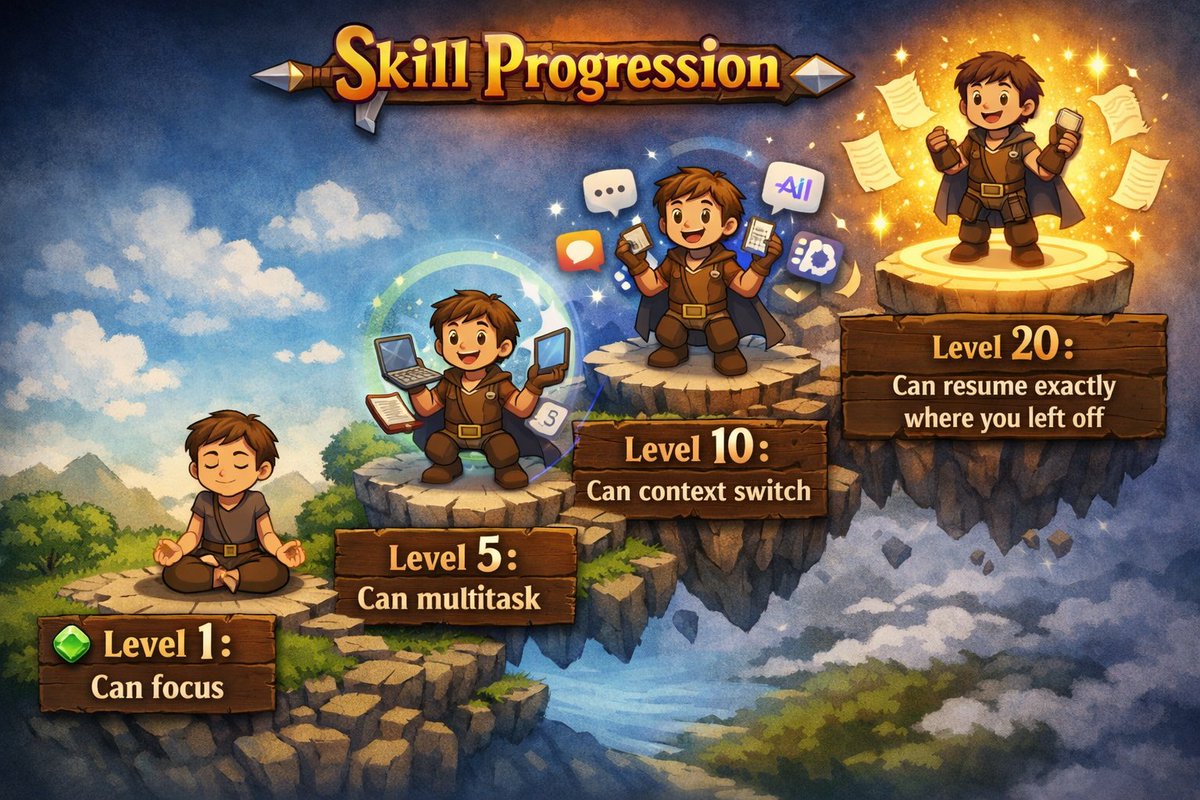 Four cartoon hero stages on floating cliffs showing growth from calm focus to multitasking, context switching and fully resumed productivity.