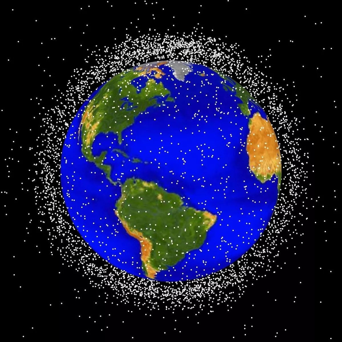 Earth surrounded by thousands of small white dots representing dense satellite debris and objects clustered in low Earth orbit.