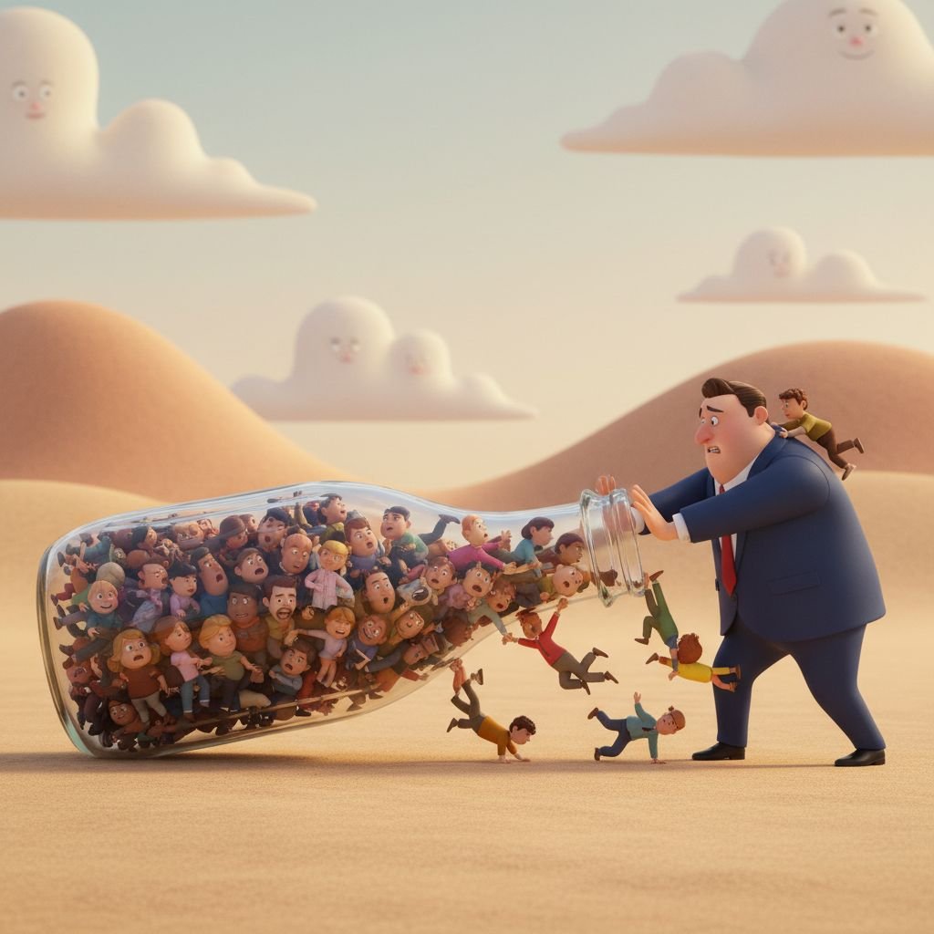 A suited manager struggles to tip an oversized jar spilling dozens of tiny, crowded people into a sparse desert landscape.