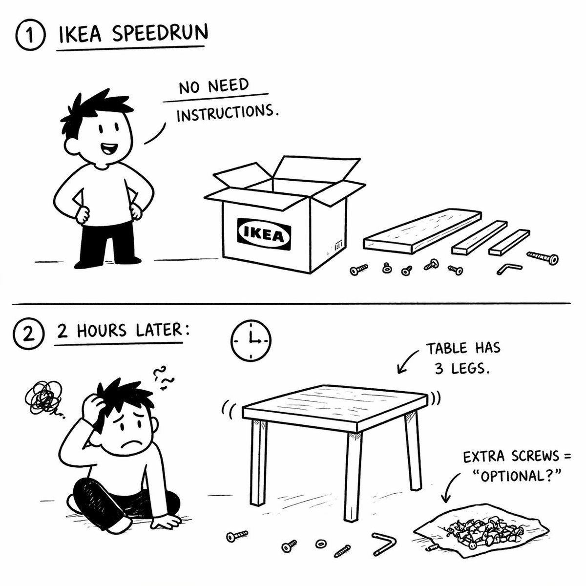 A person confidently attempts to assemble IKEA furniture without instructions, ending up with a wobbly three-legged table.