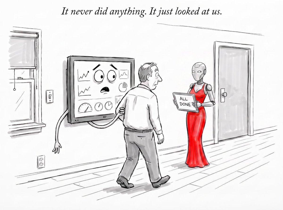 A man looks surprised at a screen with eyes, while a robotic figure in a red dress holds a sign stating "ALL DONE."