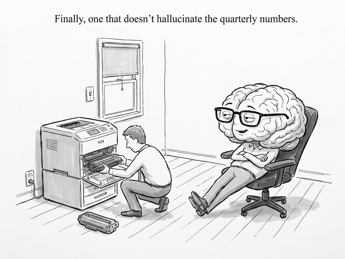 A man repairs a printer while a cartoon brain, wearing glasses, relaxes in a chair, commenting on the printer's performance.