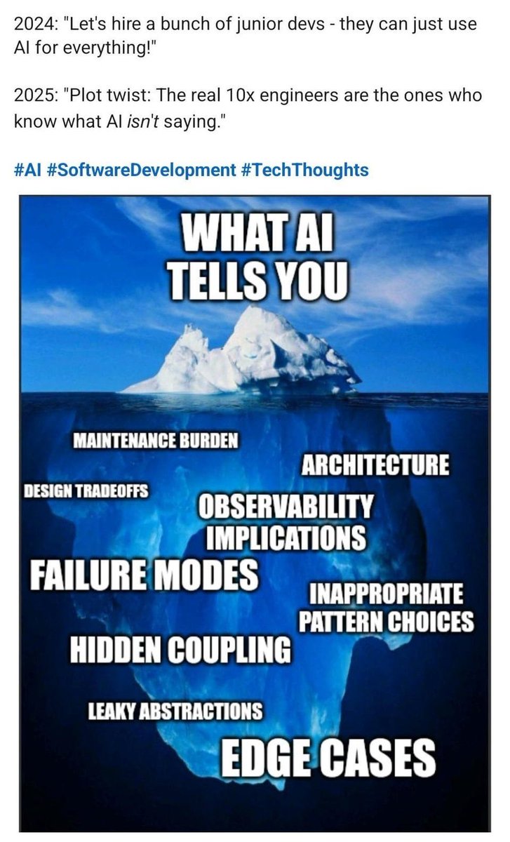 A text-based meme discusses AI's limitations in software development, highlighting essential concepts beneath the surface.