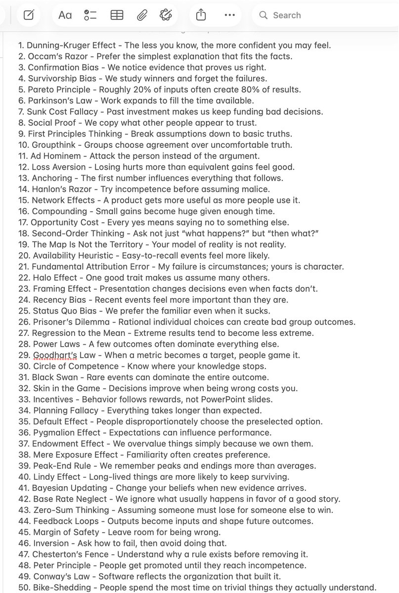 A list of common mental models and cognitive biases, each briefly defined for better understanding and application in analysis.