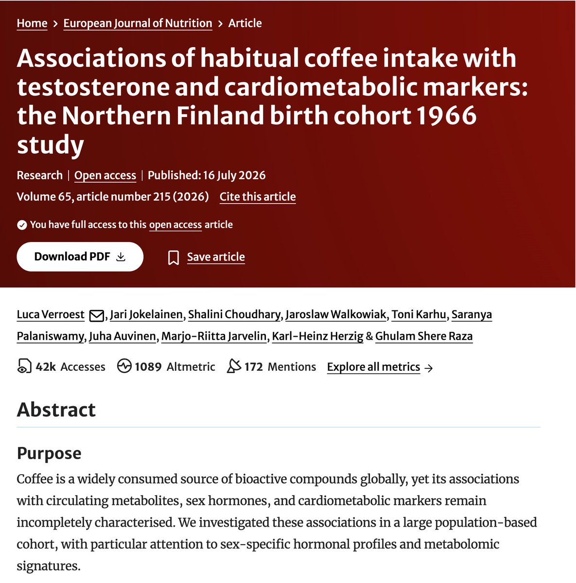 Coffee intake linked to lower body fat and higher testosterone