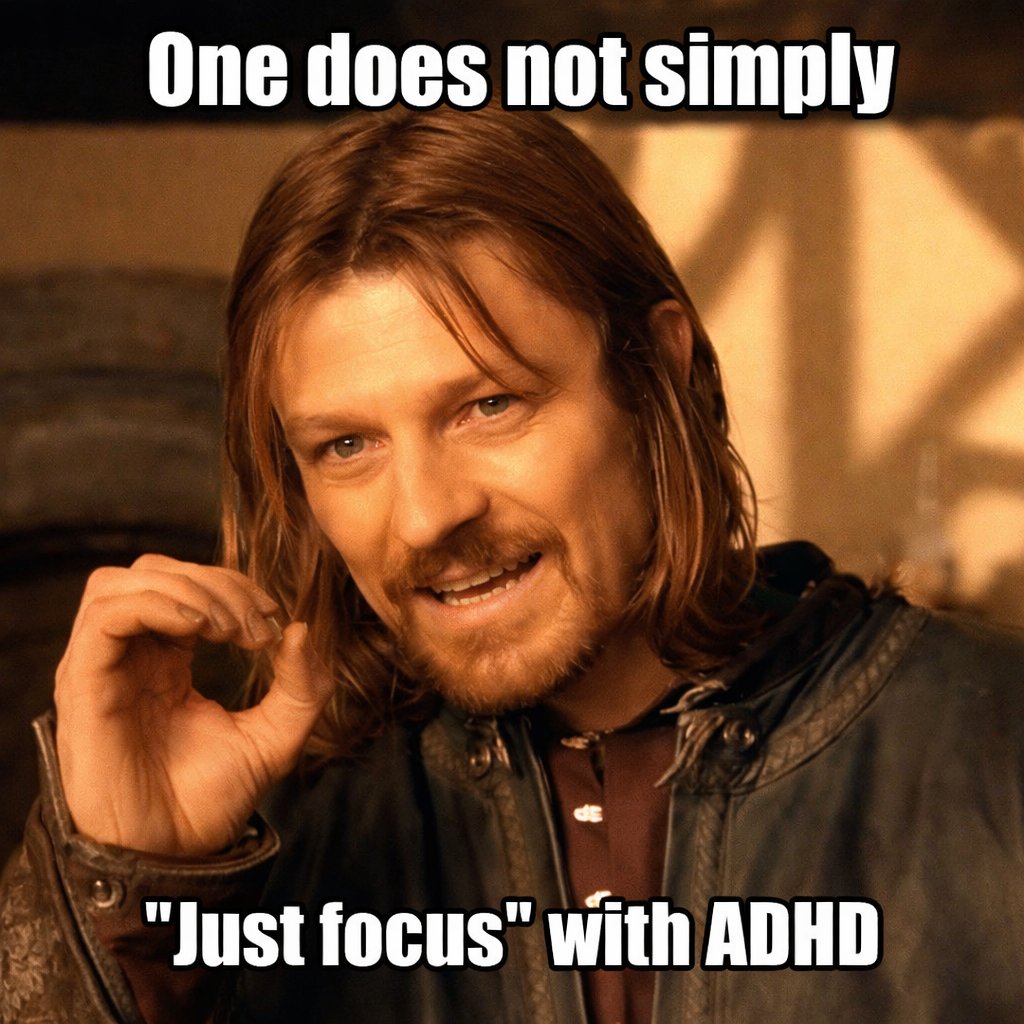 A man with long hair gestures expressively, emphasizing the difficulty of focusing with ADHD, accompanied by bold text framing his statement.