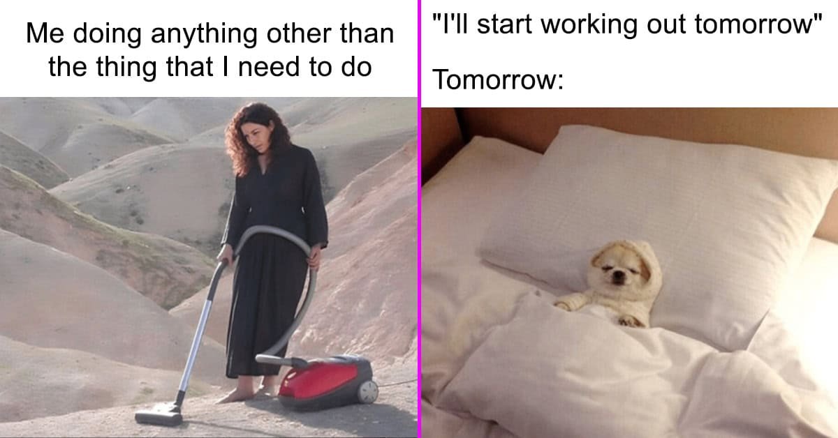 A woman vacuums in a barren landscape, while a small dog relaxes in bed under pillows, highlighting procrastination humor.