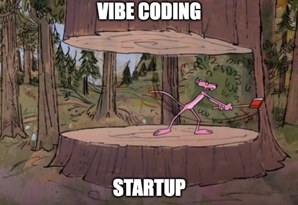 A pink cartoon character stands on a wide tree stump in a forest, holding a tool. Text above reads "VIBE CODING" and below "STARTUP."