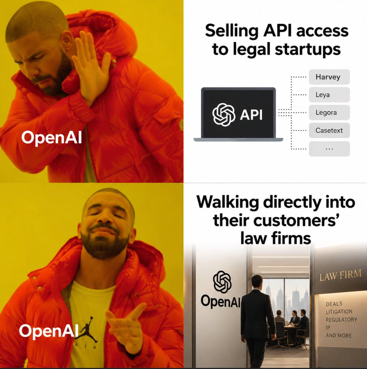 Drake expresses contrasting emotions: rejection of API access to legal startups and approval of direct engagement with law firms.